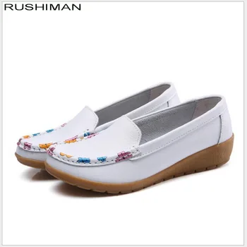 RUSHIMAN / Коллекция 2021 года, Весенняя женская обувь на плоской подошве, Обувь из натуральной кожи, Женские Лоферы с принтом, Дышащие Балетки на плоской подошве, Балетки