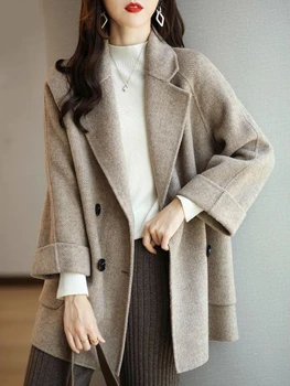 Женские Зимние пальто, Модное Шерстяное и смесовое пальто, Женское Элегантное Однотонное Толстое пальто, Двубортные Длинные куртки для женщин 2022