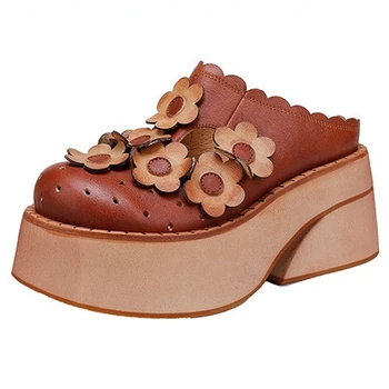 женские тапочки 8,5 см, модные дизайнерские летние туфли из натуральной кожи с цветочной аппликацией, аутентичная элегантность, обувь на танкетке