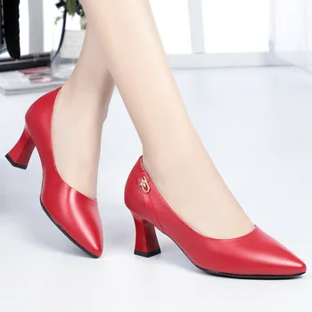 Размер 35-40, Женские Красные свадебные туфли из спилка на высоком Каблуке 6 см с острым носком, Пикантные черные Туфли на каблуках